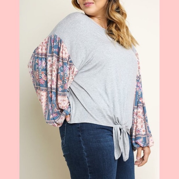 Tie Front Top Contrasting Sleeves - Picture 3 of 5